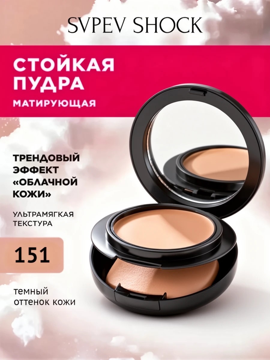 Компактная пудра для лица SVPEV SHOCK #151 бежевый темный оттенок, матовый эффект 5956