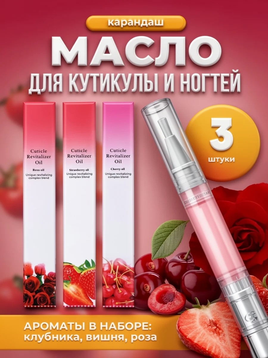 KONUCCI масло для кутикулы в карандаше (3 аромата - роза, вишня, клубника) 3 х 5 мл. 5754