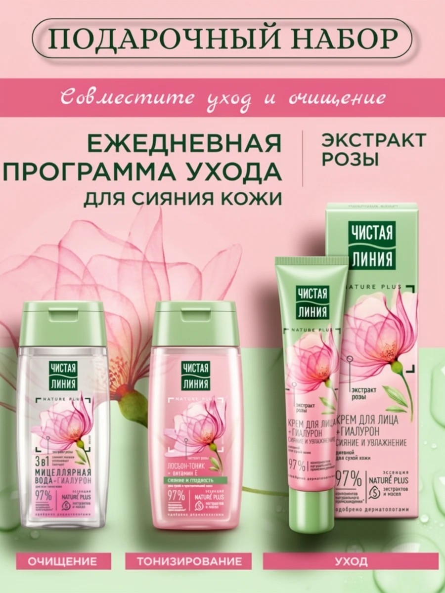 Подарочный набор косметики Чистая линия Ежедневная программа ухода с гиалуроном и розой 3 предмета 5411