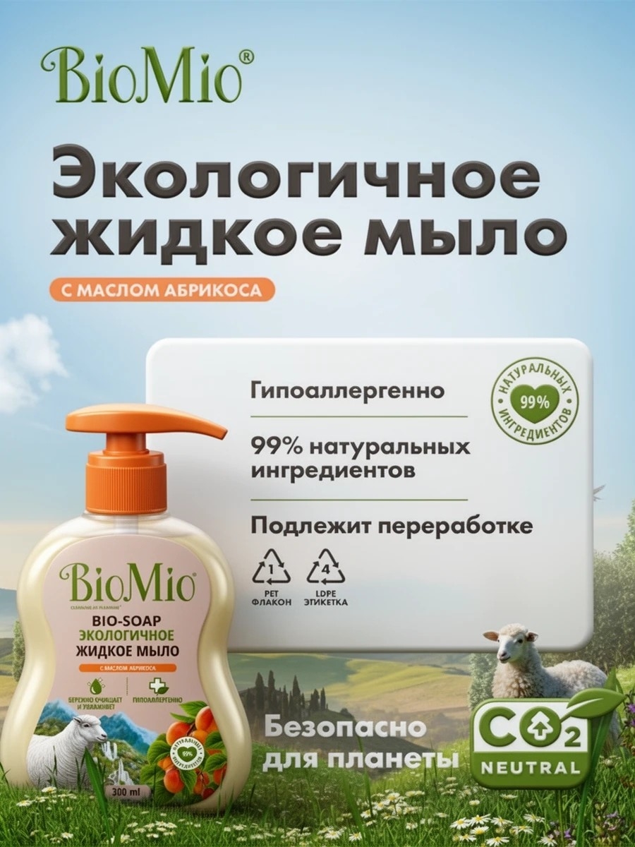 BioMio (БиоМио) смягчающее жидкое мыло с маслом абрикоса 300 мл. 1775