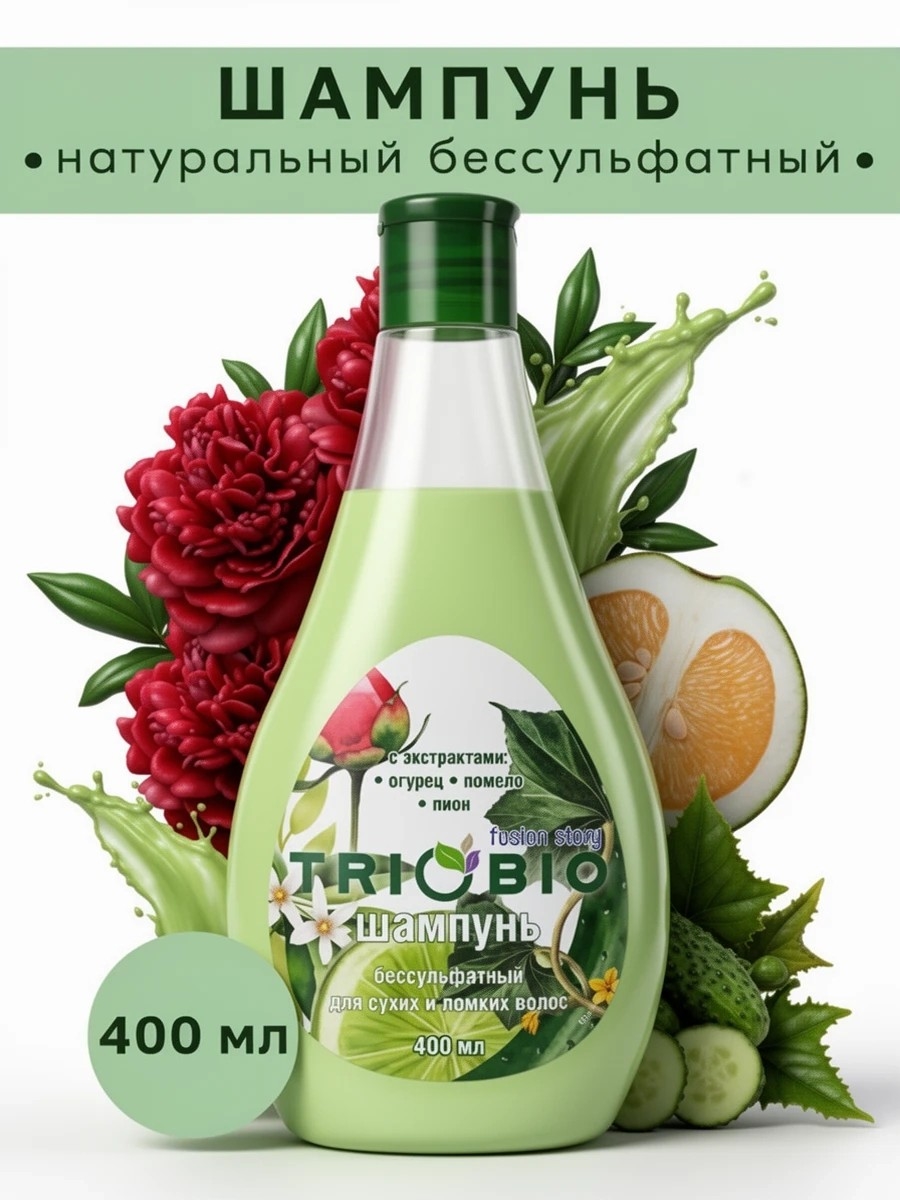Шампунь натуральный бессульфатный "TRIOBIO" 400 мл. Для сухих и ломких волос, экстракт огурца, помело и пиона 5513